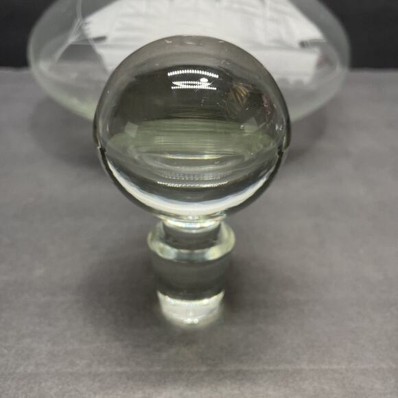 Glass Decanter & 2 Rocks Glasses w/Etched Sailing Ship Frosted White Nautical - Picture 4 of 8